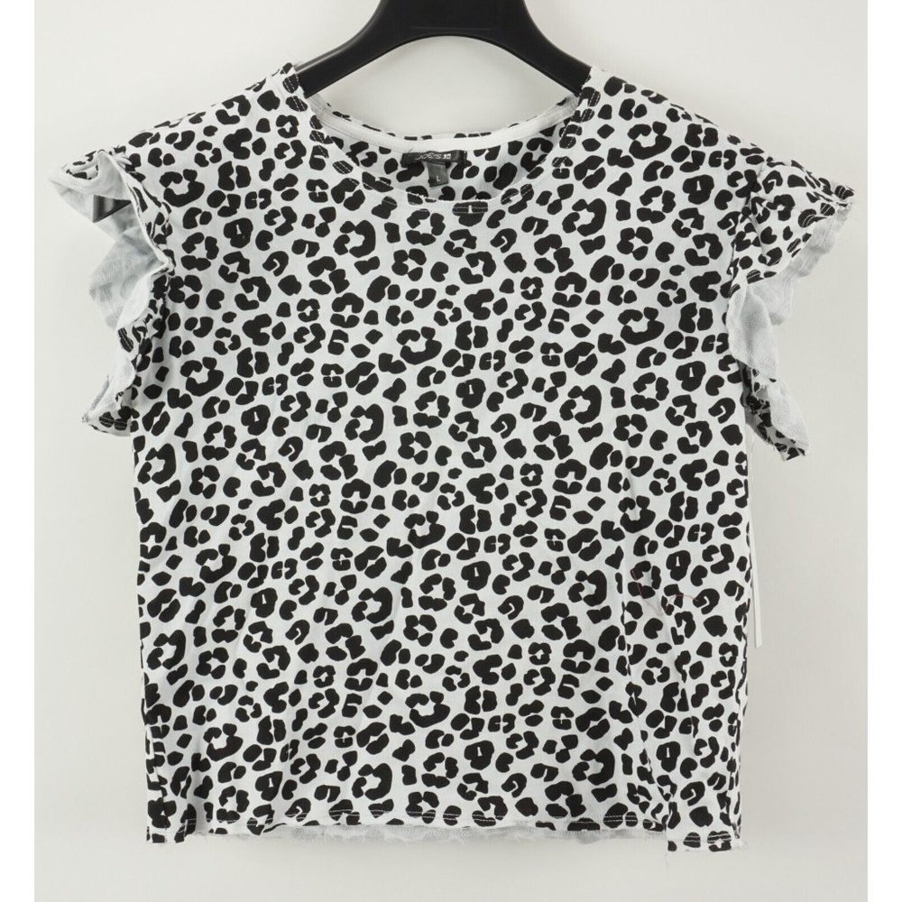 New Joe's Women's Large Ruffle Cap Sleeve White Black Cheetah Print Cropped Top